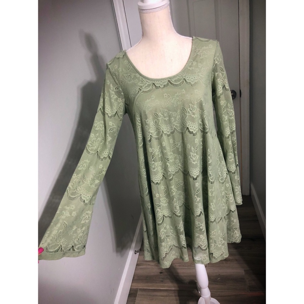 Altar’d State Green Lace Shift Dress, Bell Sleeves